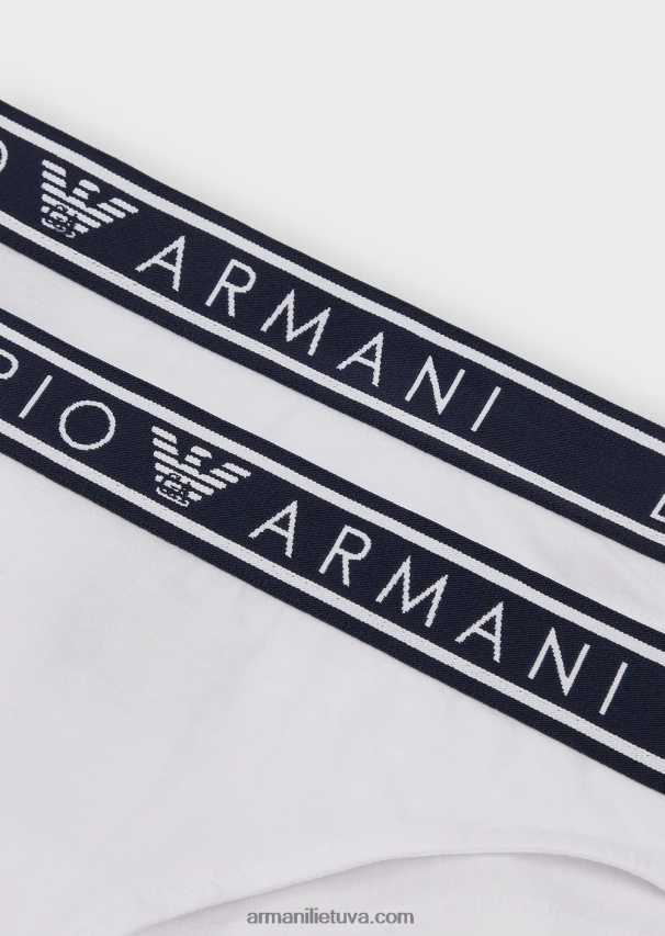 moterys baltas Armani dvi pakuotės ikoniškų braziliškų ekologiškos medvilnės kelnaičių su logotipu 02482X136