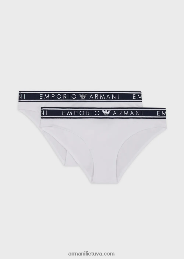 moterys baltas Armani dvi pakuotės ikoniškų ekologiškos medvilnės kelnaičių su logotipu 02482X141