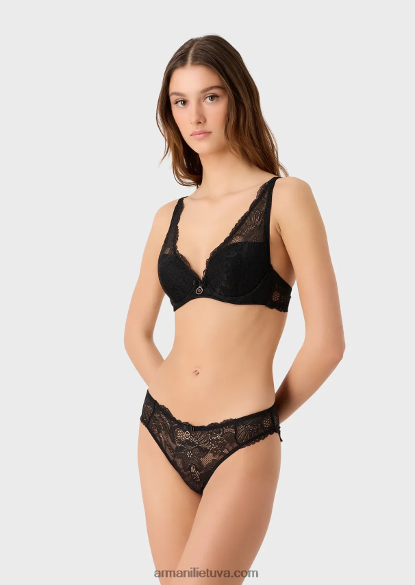 moterys juodas Armani amžina nėriniais perdirbta nėriniais paminkštinta trikampė liemenėlė 02482X153