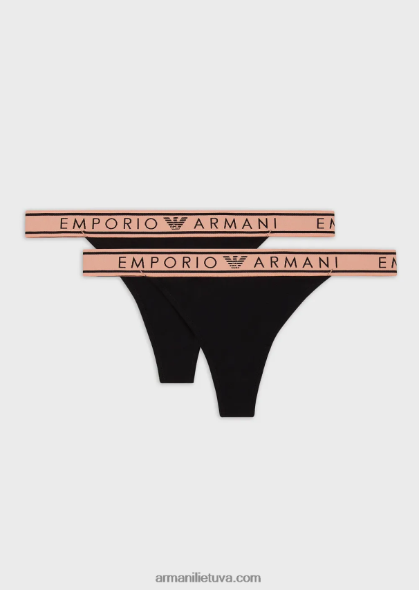 moterys juodas Armani dvi pakuotės ikoniškų ekologiškos medvilnės dirželių su logotipu 02482X139