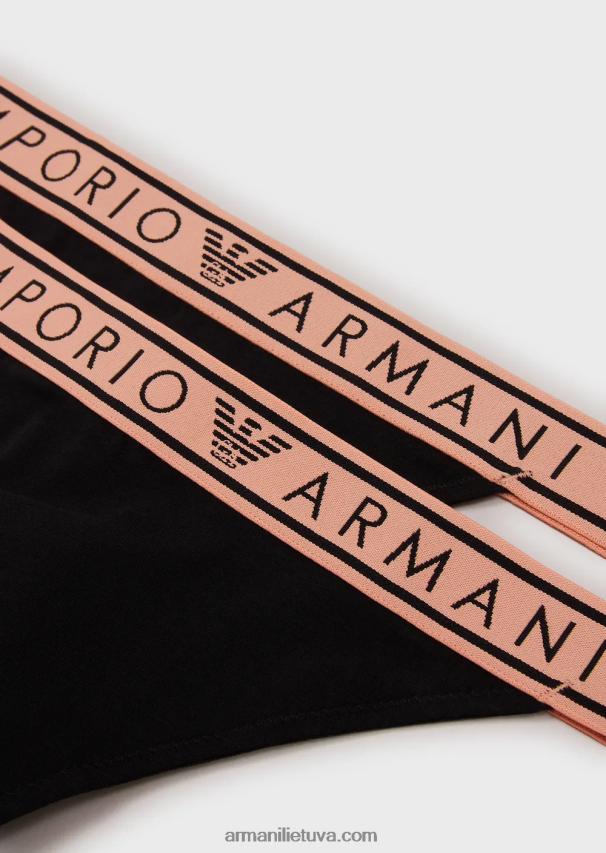 moterys juodas Armani dvi pakuotės ikoniškų ekologiškos medvilnės dirželių su logotipu 02482X139