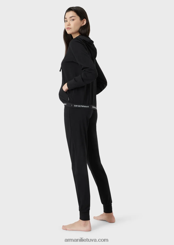 moterys juodas Armani poilsio kostiumas su logotipo apdaila 02482X172