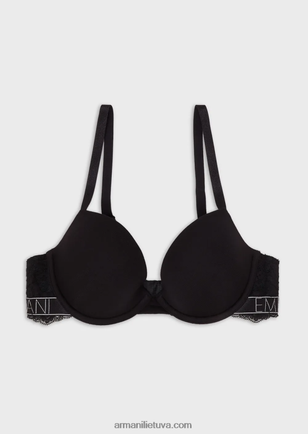 moterys juodas Armani svajinga nėriniuota eko-viscose push-up liemenėlė 02482X149