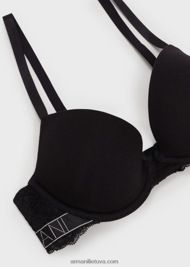 moterys juodas Armani svajinga nėriniuota eko-viscose push-up liemenėlė 02482X149