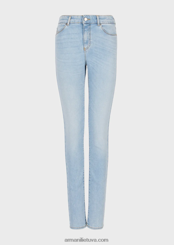 moterys šviesiai mėlynas Armani j18 paaukštintu liemeniu siauromis kojomis išblukę komfortiški džinsiniai džinsai 02482X2754