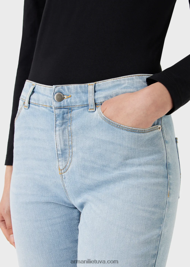 moterys šviesiai mėlynas Armani j18 paaukštintu liemeniu siauromis kojomis išblukę komfortiški džinsiniai džinsai 02482X2754