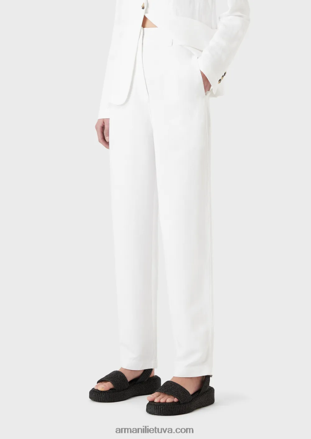moterys baltas Armani 7/8 kelnės aukštu juosmeniu iš shantung efekto lino mišinio 02482X317