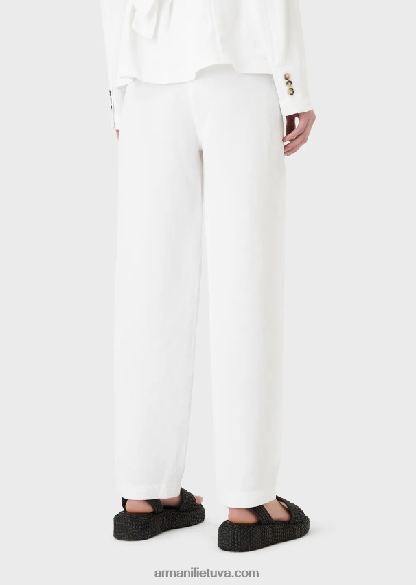 moterys baltas Armani 7/8 kelnės aukštu juosmeniu iš shantung efekto lino mišinio 02482X317