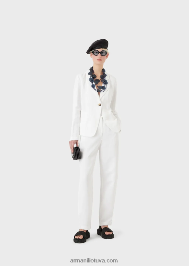 moterys baltas Armani 7/8 kelnės aukštu juosmeniu iš shantung efekto lino mišinio 02482X317