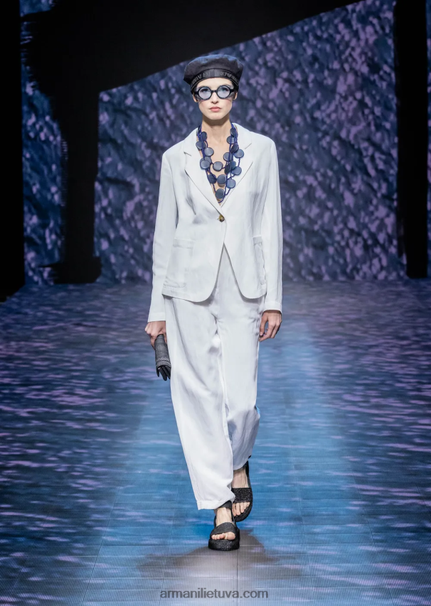 moterys baltas Armani 7/8 kelnės aukštu juosmeniu iš shantung efekto lino mišinio 02482X317