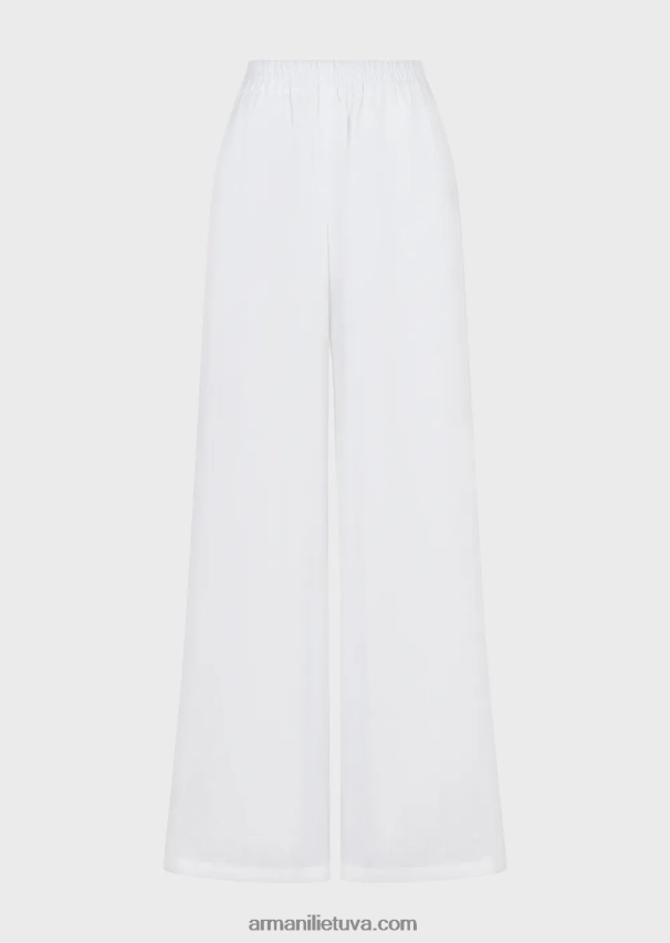 moterys baltas Armani gryno lino kelnės su elastiniu juosmeniu 02482X260