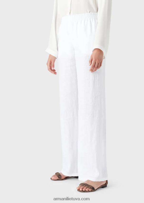 moterys baltas Armani gryno lino kelnės su elastiniu juosmeniu 02482X260