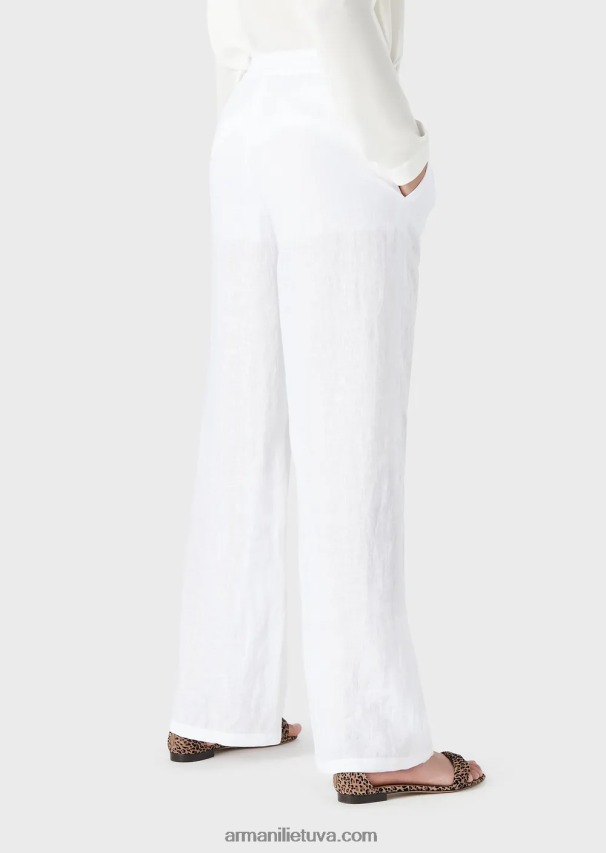 moterys baltas Armani gryno lino kelnės su elastiniu juosmeniu 02482X260