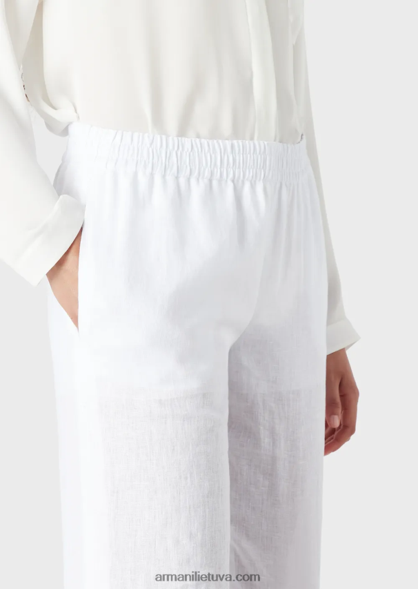 moterys baltas Armani gryno lino kelnės su elastiniu juosmeniu 02482X260