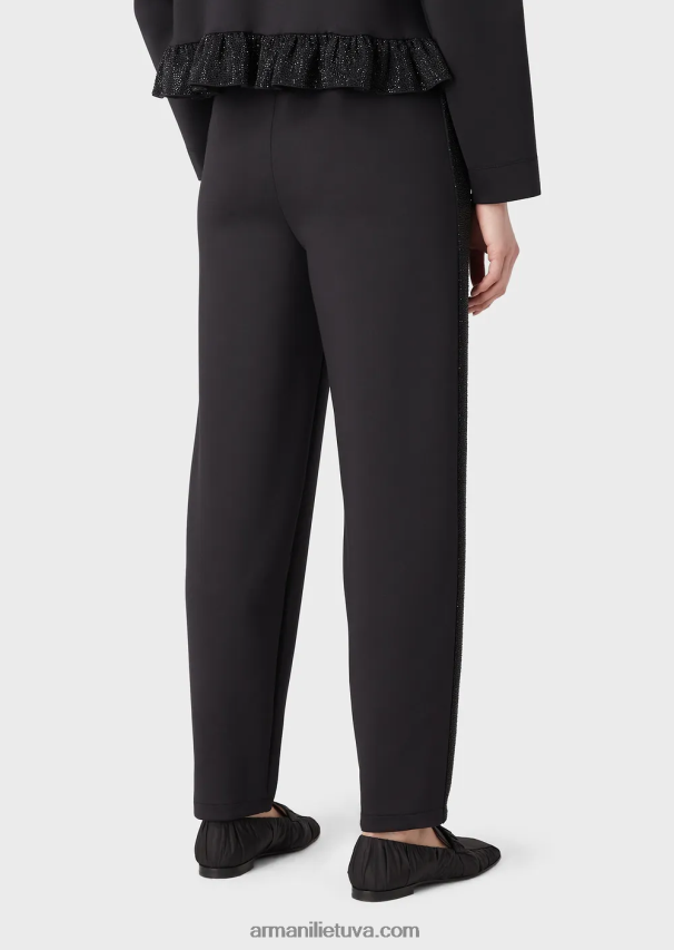 moterys juodas Armani akvalanginio audinio kelnės su kalnų krištolo juostele 02482X288