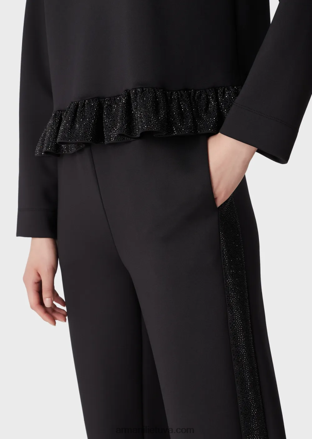 moterys juodas Armani akvalanginio audinio kelnės su kalnų krištolo juostele 02482X288