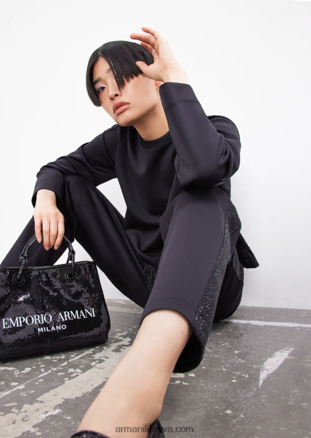 moterys juodas Armani akvalanginio audinio kelnės su kalnų krištolo juostele 02482X288