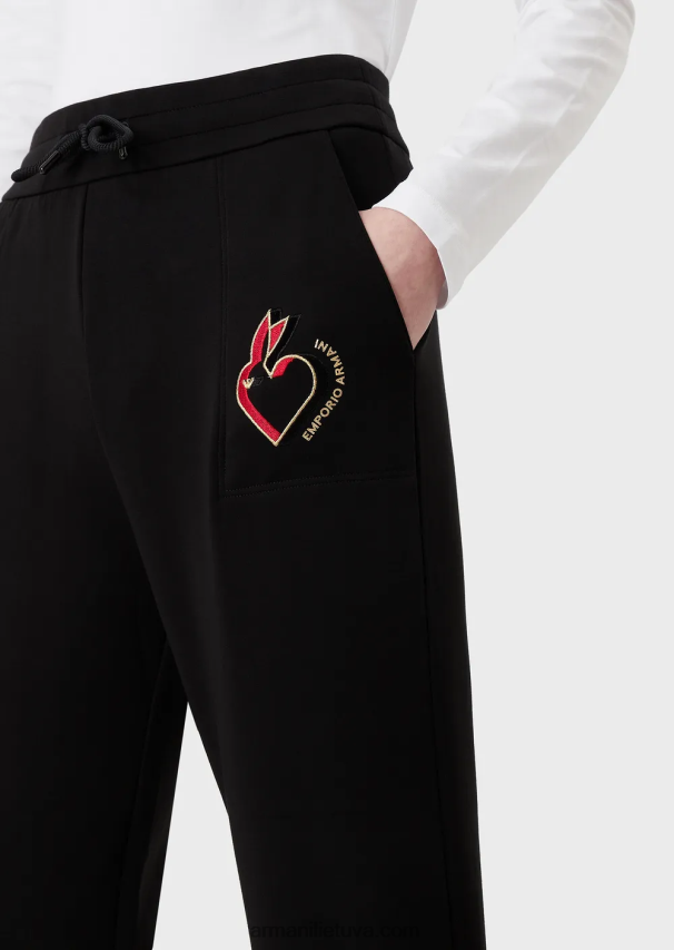 moterys juodas Armani dvigubo trikotažo kelnės su siuvinėjimais 02482X282