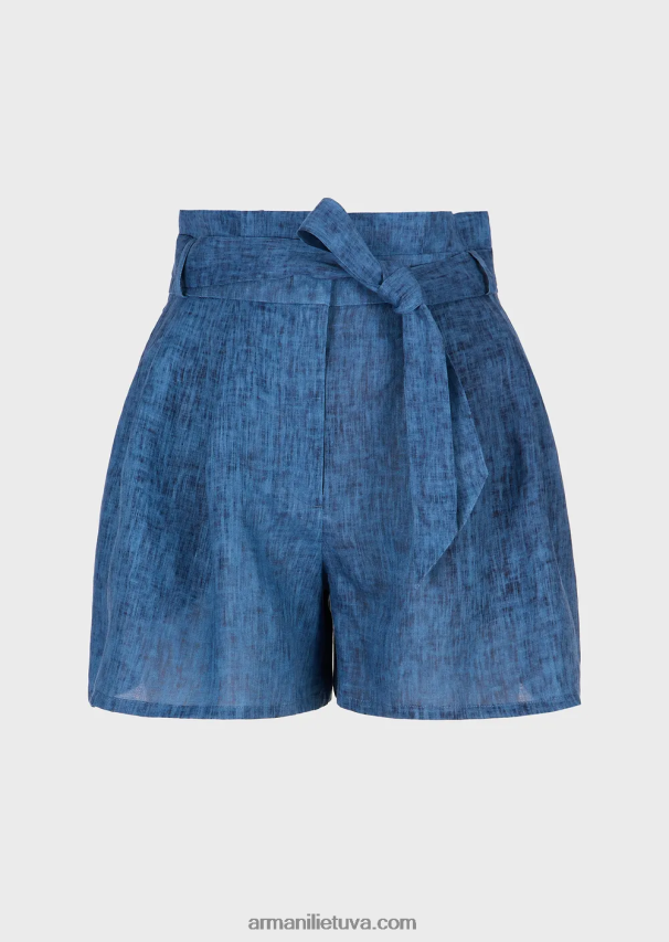 moterys mėlyna Armani kumelės kapsulės kolekcijos išblukę lininiai šortai su dirželiu su lankeliu 02482X262