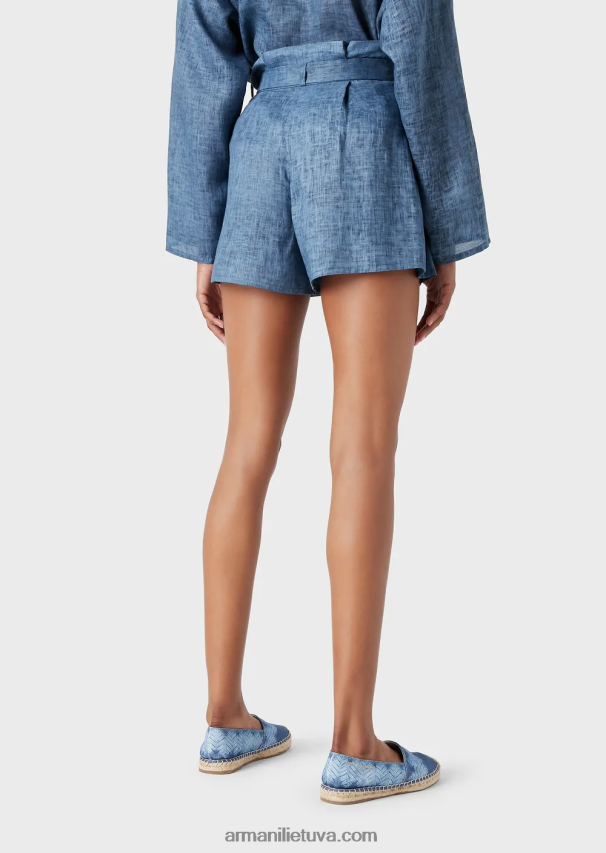 moterys mėlyna Armani kumelės kapsulės kolekcijos išblukę lininiai šortai su dirželiu su lankeliu 02482X262
