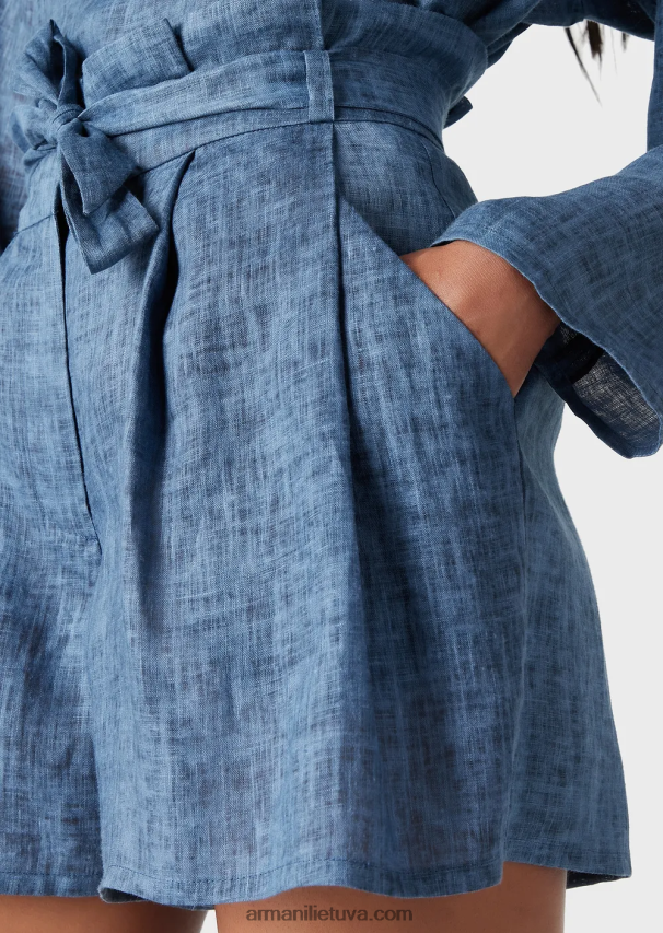 moterys mėlyna Armani kumelės kapsulės kolekcijos išblukę lininiai šortai su dirželiu su lankeliu 02482X262