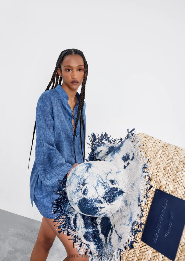 moterys mėlyna Armani kumelės kapsulės kolekcijos išblukę lininiai šortai su dirželiu su lankeliu 02482X262