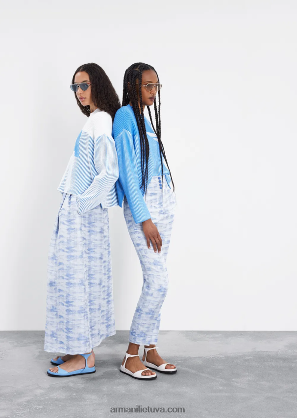 moterys modelis Armani kelnės aukštu juosmeniu iš gradiento žakardo ir lino derinio 02482X271