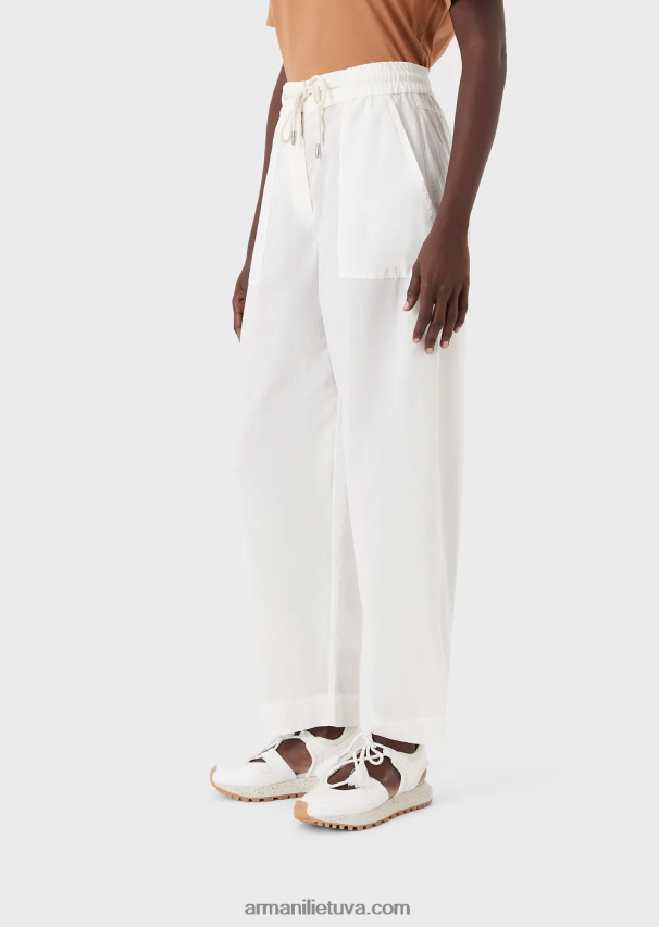 moterys pieno baltumo Armani tvarios kolekcijos 7/8 sutraukiamos kelnės iš drabužiais dažyto organinio muslino 02482X322