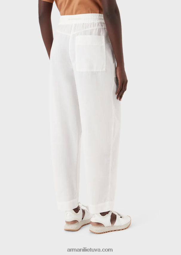 moterys pieno baltumo Armani tvarios kolekcijos 7/8 sutraukiamos kelnės iš drabužiais dažyto organinio muslino 02482X322