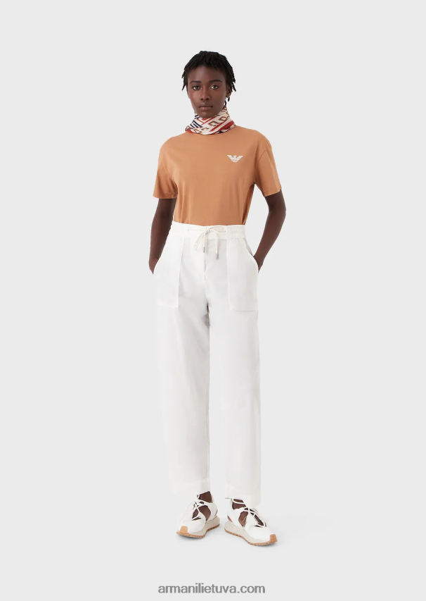 moterys pieno baltumo Armani tvarios kolekcijos 7/8 sutraukiamos kelnės iš drabužiais dažyto organinio muslino 02482X322