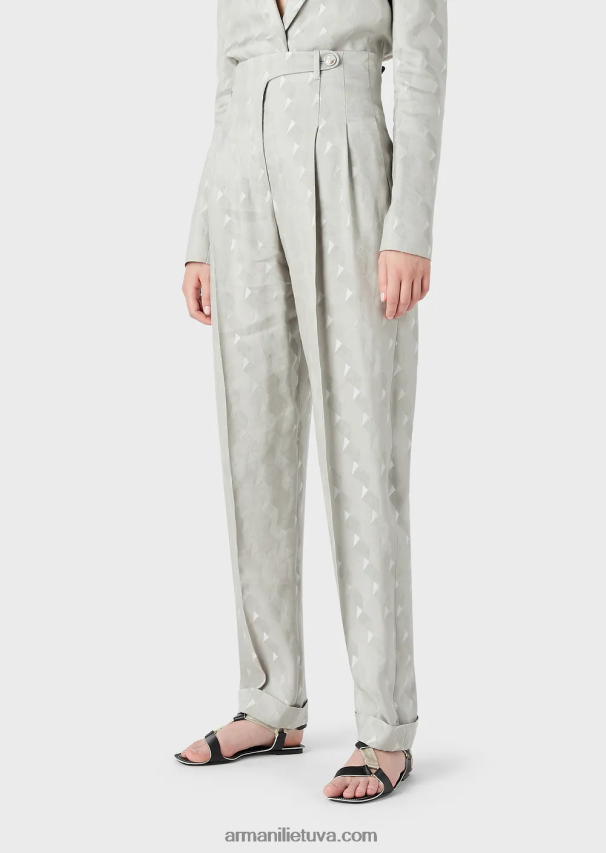 moterys pilka Armani daugiaaukštės kelnės su atlenkimais iš skysto vario ir lino mišinio žakardo su geometriniu raštu 02482X300