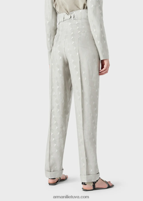 moterys pilka Armani daugiaaukštės kelnės su atlenkimais iš skysto vario ir lino mišinio žakardo su geometriniu raštu 02482X300