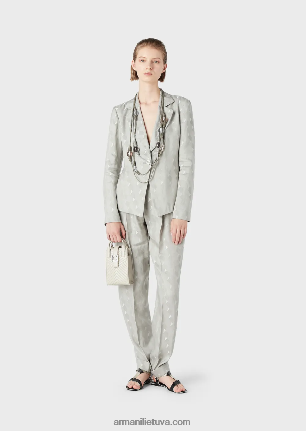 moterys pilka Armani daugiaaukštės kelnės su atlenkimais iš skysto vario ir lino mišinio žakardo su geometriniu raštu 02482X300