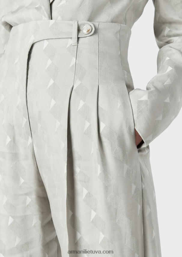 moterys pilka Armani daugiaaukštės kelnės su atlenkimais iš skysto vario ir lino mišinio žakardo su geometriniu raštu 02482X300