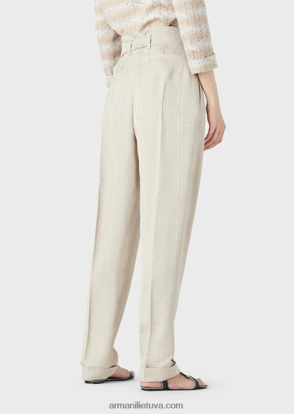 moterys smėlio spalvos Armani kelnės aukštu juosmeniu su atlenkimais iš viskozės su blizgančiu geometriniu raštu 02482X299