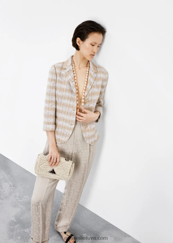 moterys smėlio spalvos Armani kelnės aukštu juosmeniu su atlenkimais iš viskozės su blizgančiu geometriniu raštu 02482X299