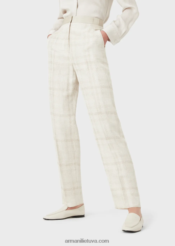 moterys smėlio spalvos Armani kelnės aukštu liemeniu, pagamintos iš Prince of Wales lino mišinio 02482X263