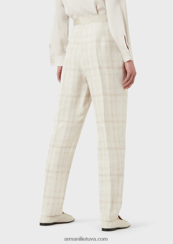 moterys smėlio spalvos Armani kelnės aukštu liemeniu, pagamintos iš Prince of Wales lino mišinio 02482X263