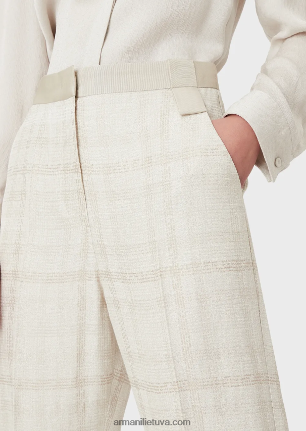 moterys smėlio spalvos Armani kelnės aukštu liemeniu, pagamintos iš Prince of Wales lino mišinio 02482X263