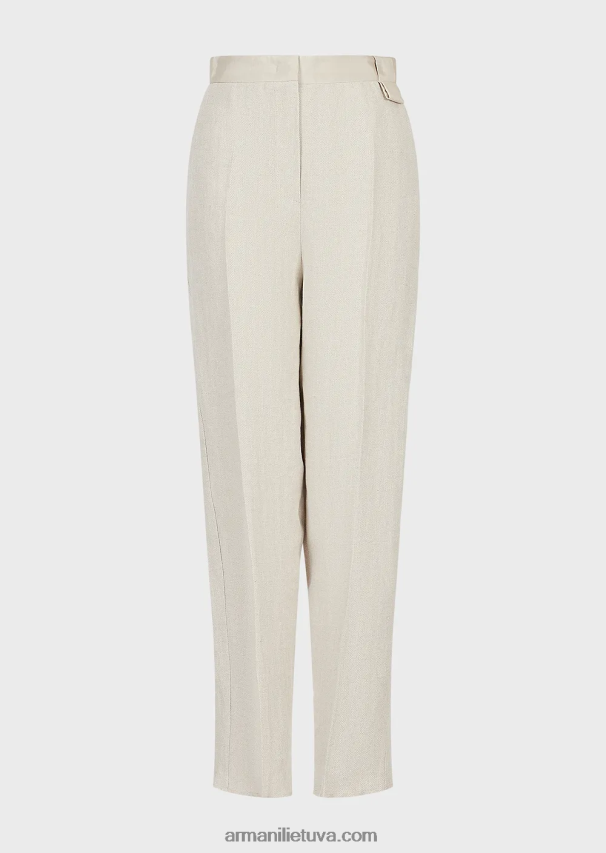 moterys smėlio spalvos Armani lino mišinio kelnės su mikro ševronu aukštu liemeniu 02482X264