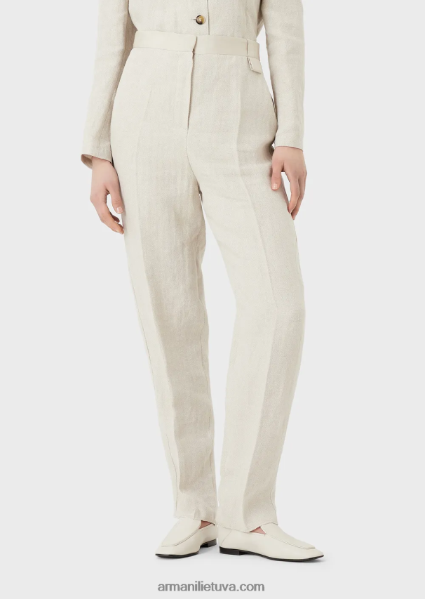 moterys smėlio spalvos Armani lino mišinio kelnės su mikro ševronu aukštu liemeniu 02482X264