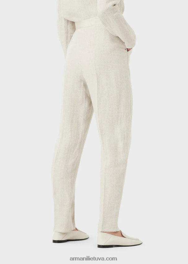 moterys smėlio spalvos Armani lino mišinio kelnės su mikro ševronu aukštu liemeniu 02482X264