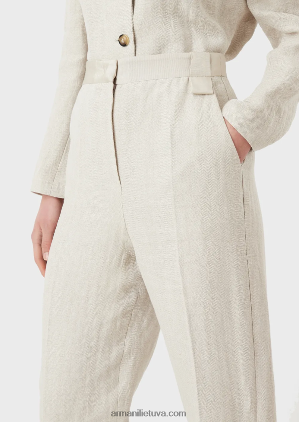 moterys smėlio spalvos Armani lino mišinio kelnės su mikro ševronu aukštu liemeniu 02482X264