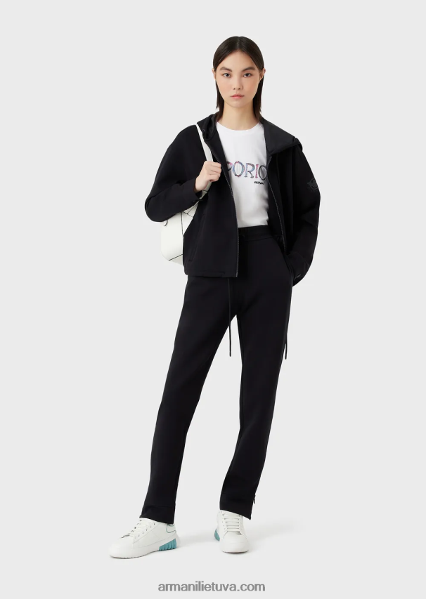 moterys tamsiai mėlyna Armani dvigubo trikotažo kelnės su raišteliu ir užtrauktuku prie apačios 02482X280