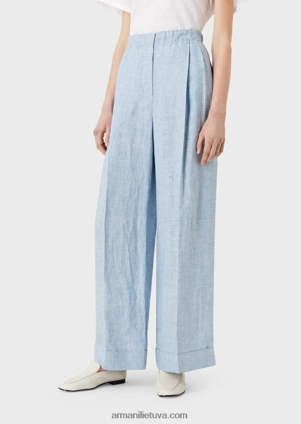 moterys žydros spalvos Armani jaspe lino kelnės su elastiniu juosmeniu ir atlenkimais 02482X295