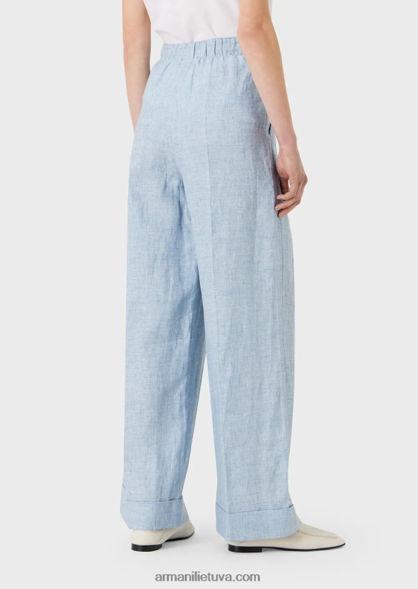 moterys žydros spalvos Armani jaspe lino kelnės su elastiniu juosmeniu ir atlenkimais 02482X295