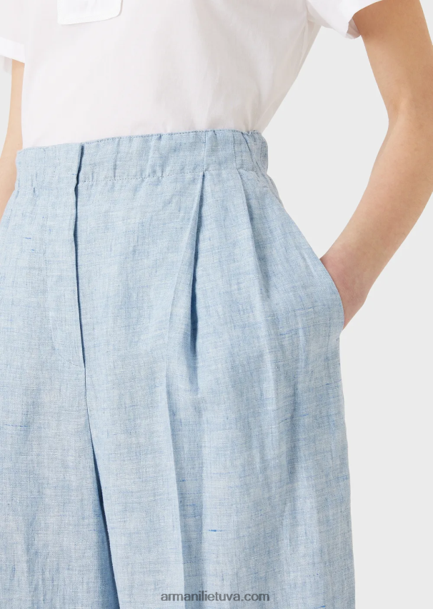 moterys žydros spalvos Armani jaspe lino kelnės su elastiniu juosmeniu ir atlenkimais 02482X295