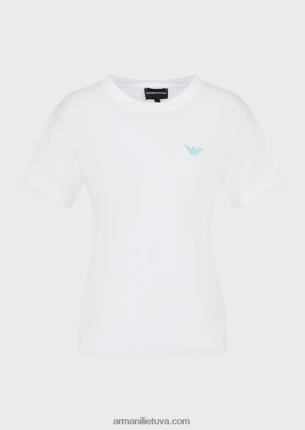moterys baltas Armani ekologiški tamprūs džersio marškinėliai su per dideliu e pleistru ir spauda 02482X465