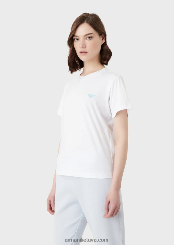 moterys baltas Armani ekologiški tamprūs džersio marškinėliai su per dideliu e pleistru ir spauda 02482X465