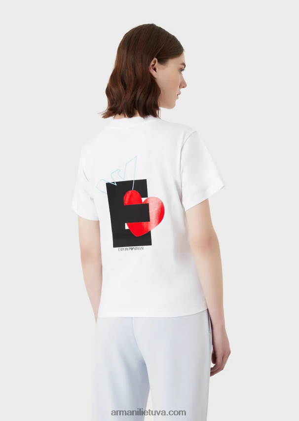 moterys baltas Armani ekologiški tamprūs džersio marškinėliai su per dideliu e pleistru ir spauda 02482X465